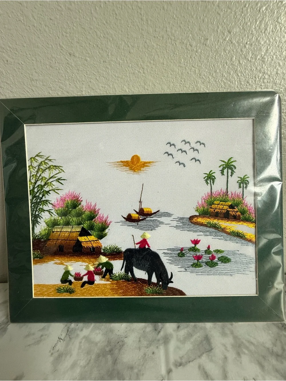 Vietnamese Hand-Embroidered Silk Landscape Village life Scene Wall Art 12x 10